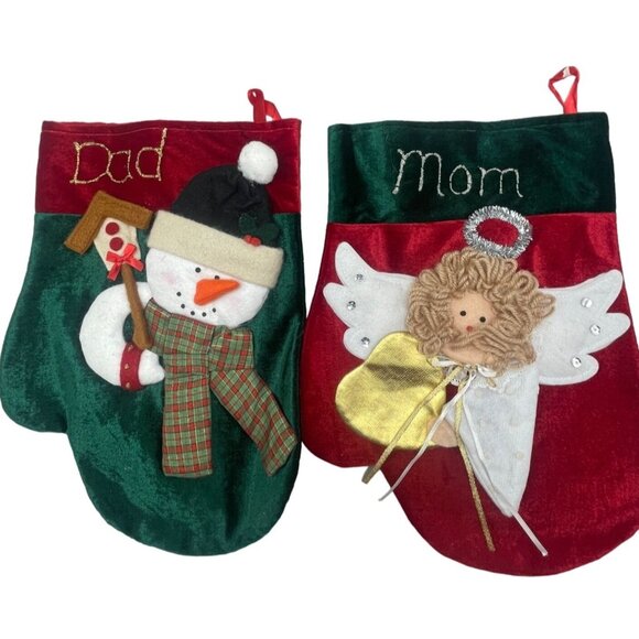 handmade Mom Dad Christmas mitten stockings set of 2 angle snowman velvet READ - Picture 1 of 10